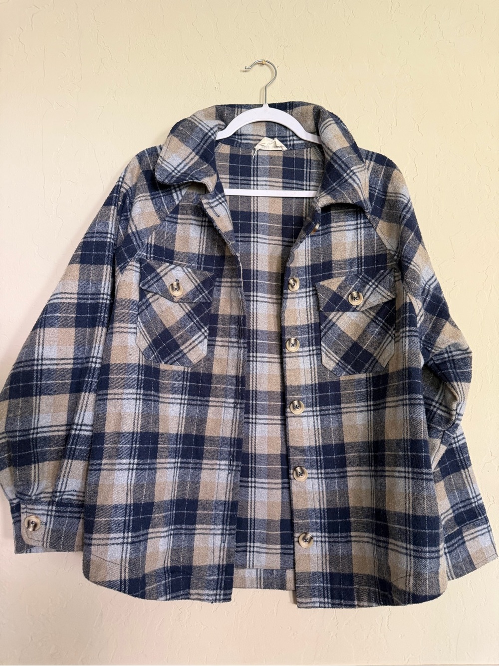 Women’s Navy and Tan Plaid Button-Up Jacket